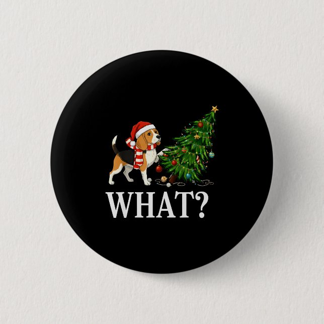 Funny Xmas Beagle Pushing Christmas Tree Over Dog  2 Inch Round Button (Front)