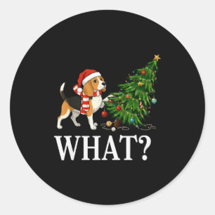 Funny Xmas Beagle Pushing Christmas Tree Over Dog  Classic Round Sticker