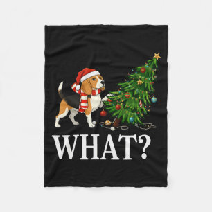 Funny Xmas Beagle Pushing Christmas Tree Over Dog  Fleece Blanket