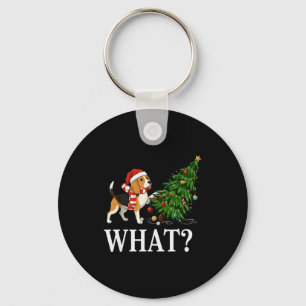 Funny Xmas Beagle Pushing Christmas Tree Over Dog  Keychain