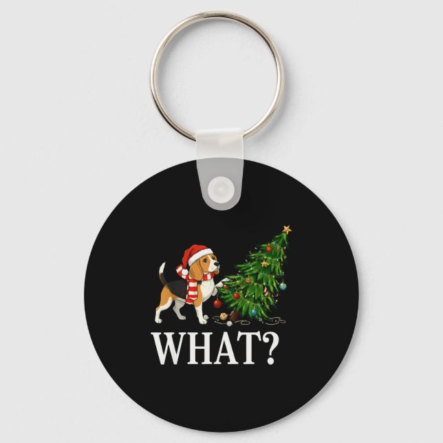 Funny Xmas Beagle Pushing Christmas Tree Over Dog  Keychain (Front)