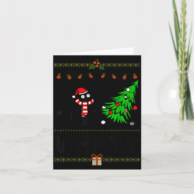 Funny Xmas Black Cat Pushing Christmas Tree Over C Card (Front)