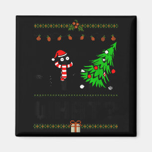 Funny Xmas Black Cat Pushing Christmas Tree Over C Magnet