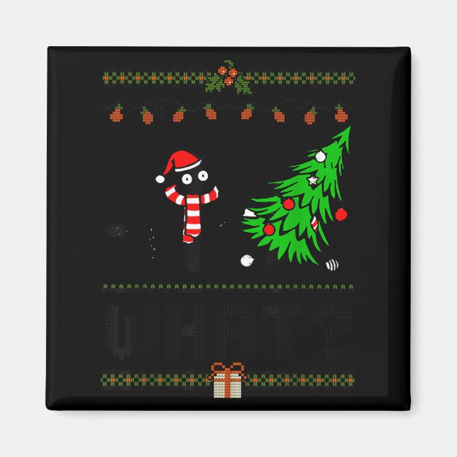 Funny Xmas Black Cat Pushing Christmas Tree Over C Magnet (Front)