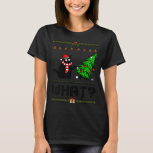 Funny Xmas Black Cat Pushing Christmas Tree Over C T-Shirt