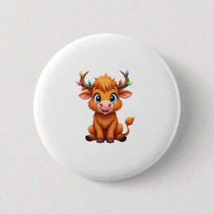 Funny Xmas Cow Lights Boys Girls Cute Highland Cow 2 Inch Round Button