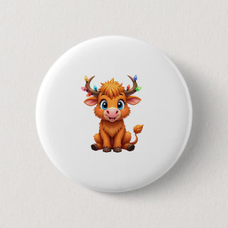 Funny Xmas Cow Lights Boys Girls Cute Highland Cow 2 Inch Round Button