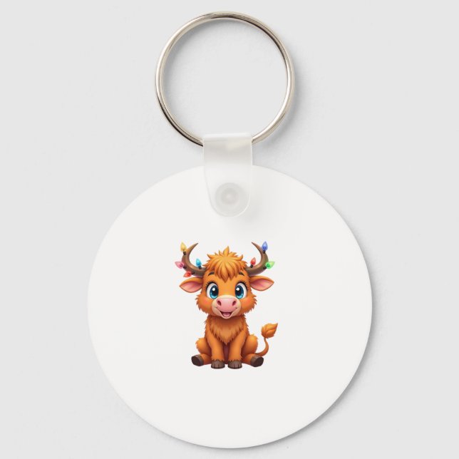 Funny Xmas Cow Lights Boys Girls Cute Highland Cow Keychain (Front)