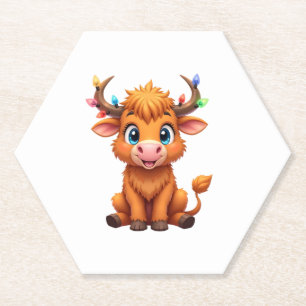 Funny Xmas Cow Lights Boys Girls Cute Highland Cow Paper Coaster