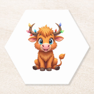 Funny Xmas Cow Lights Boys Girls Cute Highland Cow Paper Coaster