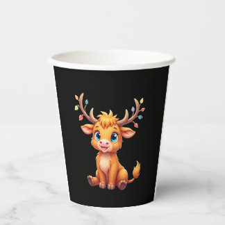 Funny Xmas Cow Lights Boys Girls Cute Highland Cow Paper Cups