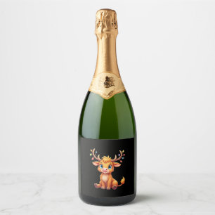 Funny Xmas Cow Lights Boys Girls Cute Highland Cow Sparkling Wine Label