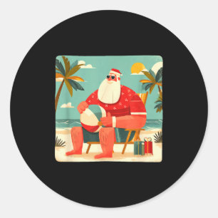 Funny Xmas Graphic With Beach Santa And Vacation B Classic Round Sticker