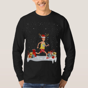Funny Xmas Lighting Reindeer Santa Hat Marathon Ch T-Shirt