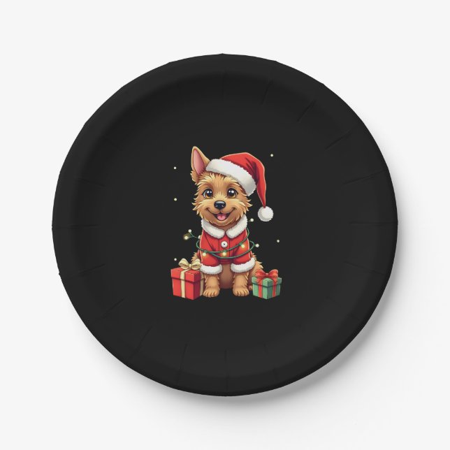 Funny Xmas Lighting Santa Border Terrier Dog Chris Paper Plate (Front)
