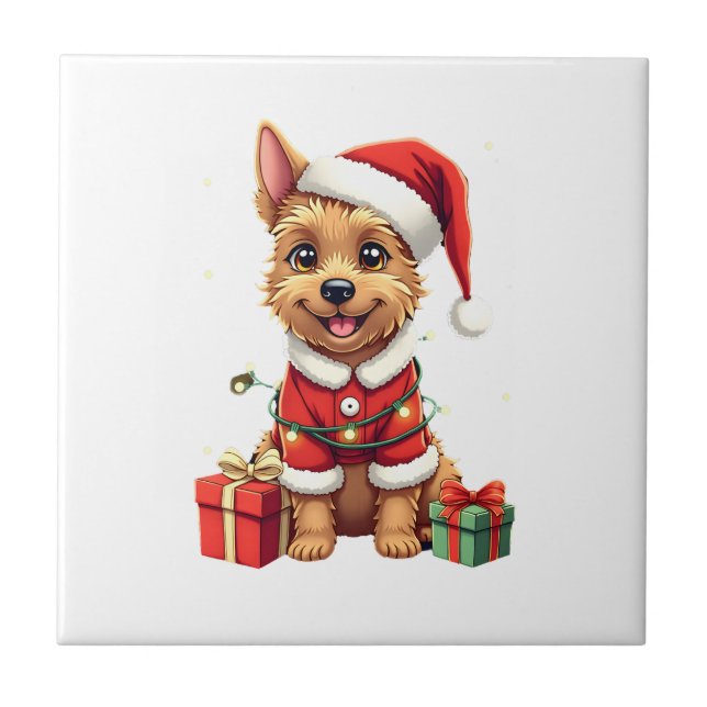 Funny Xmas Lighting Santa Border Terrier Dog Chris Tile (Front)