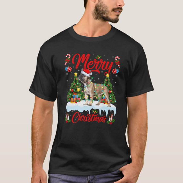 Funny Xmas Lighting Santa Hat French Bulldog Chris T-Shirt (Front)