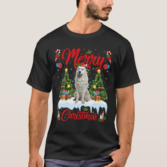 Funny Xmas Lighting Santa Hat Great Pyrenees Dog C T-Shirt (Front)