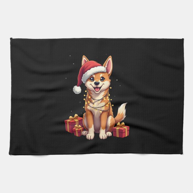 Funny Xmas Lighting Santa Hat Tamaskan Dog Christm Kitchen Towel (Horizontal)
