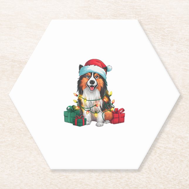 Funny Xmas Lighting Santa Hat Tamaskan Dog Christm Paper Coaster (Front)