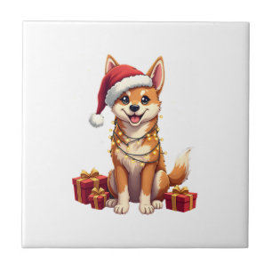 Funny Xmas Lighting Santa Hat Tamaskan Dog Christm Tile