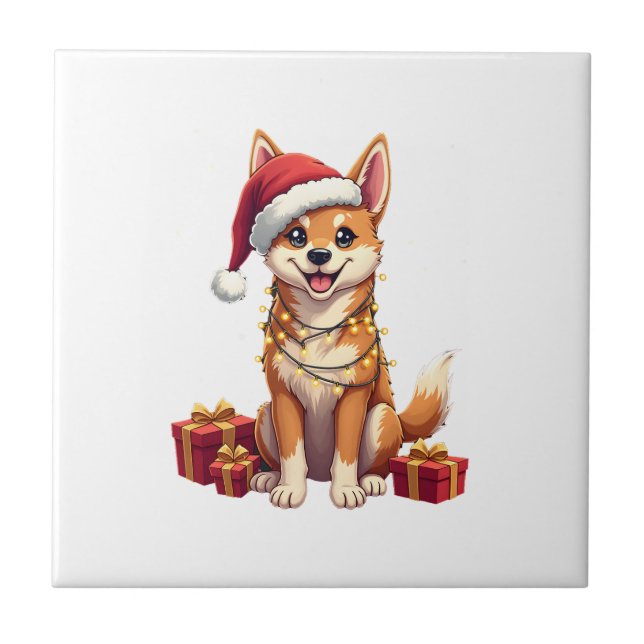 Funny Xmas Lighting Santa Hat Tamaskan Dog Christm Tile (Front)