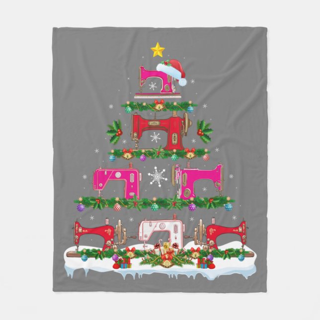 Funny Xmas Lighting Sewing Machine Christmas Tree Fleece Blanket (Front)