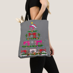 Funny Xmas Lighting Sewing Machine Christmas Tree Tote Bag
