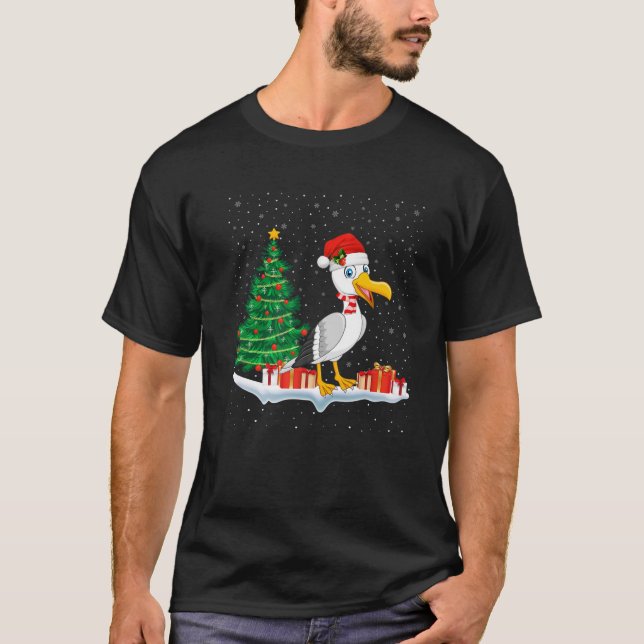 Funny Xmas Lighting Tree Santa Hat Seagull Christm T-Shirt (Front)