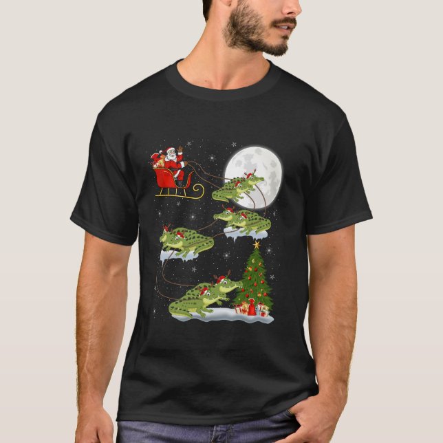 Funny Xmas Lighting Tree Santa Riding Alligator Ch T-Shirt (Front)