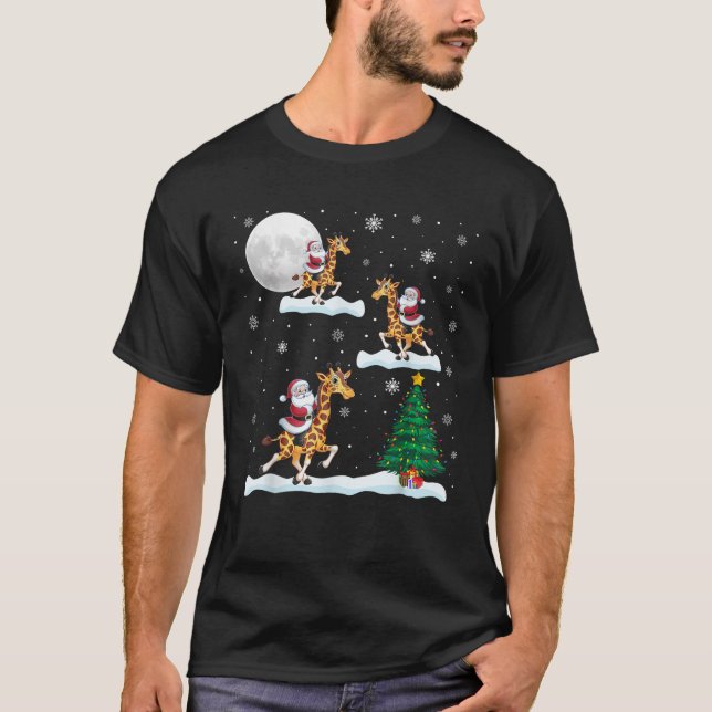 Funny Xmas Lighting Tree Santa Riding Giraffe Chri T-Shirt (Front)