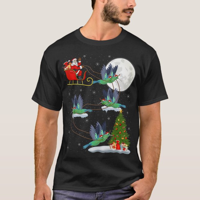 Funny Xmas Lighting Tree Santa Riding Hummingbird  T-Shirt (Front)