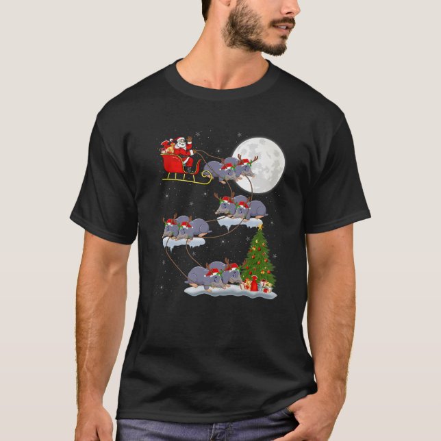 Funny Xmas Lighting Tree Santa Riding Moles Christ T-Shirt (Front)