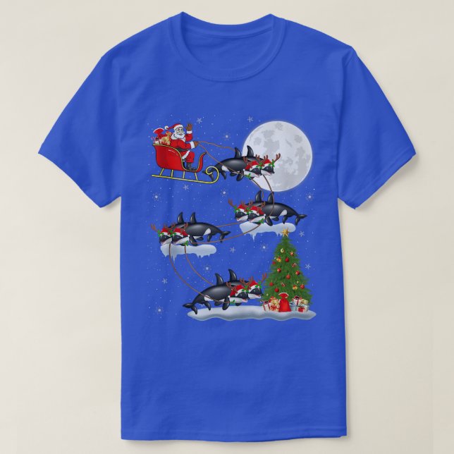 Funny Xmas Lighting Tree Santa Riding Orca Fish Ch T-Shirt (Design Front)