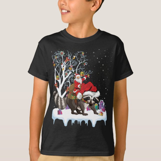 Funny Xmas Lighting Tree Santa Riding Raccoon Chri T-Shirt (Front)