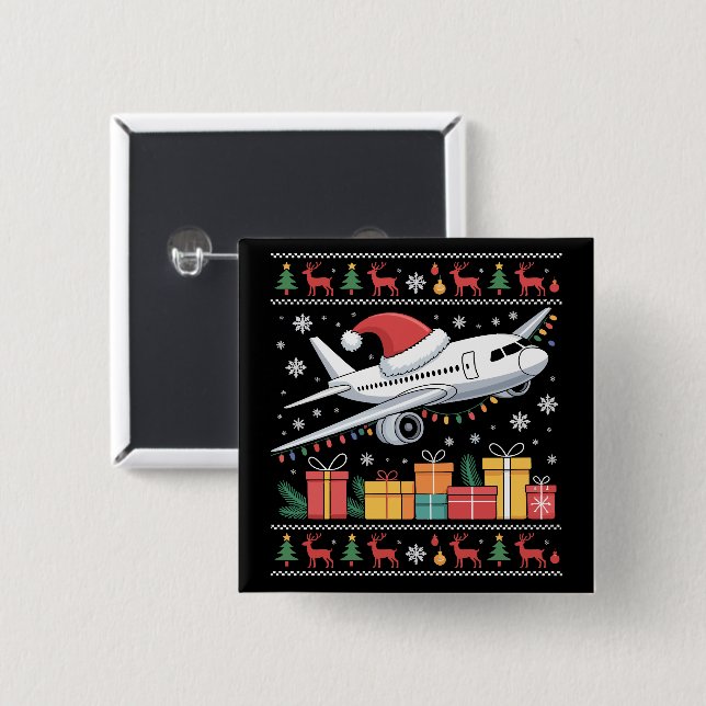 Funny Xmas Lighting Tree Santa Ugly Airplane  2 Inch Square Button (Front & Back)