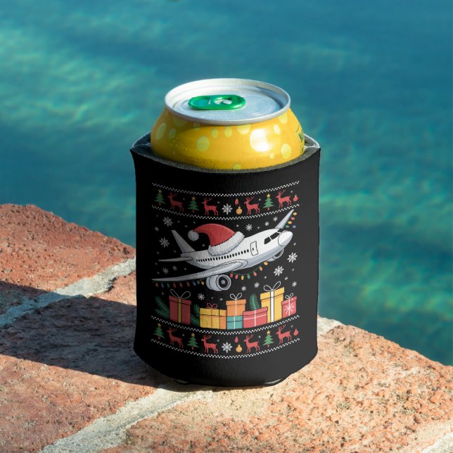 Funny Xmas Lighting Tree Santa Ugly Airplane  Can Cooler (In Situ Pool)