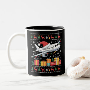 Funny Xmas Lighting Tree Santa Ugly Airplane Two-Tone Coffee Mug