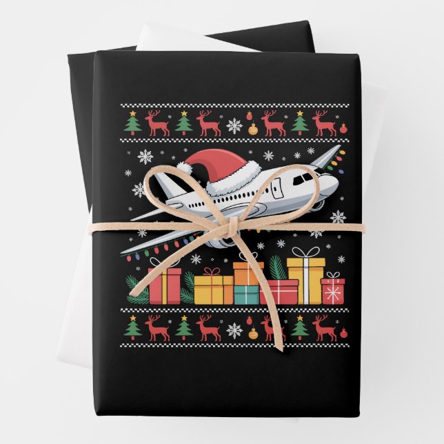 Funny Xmas Lighting Tree Santa Ugly Airplane  Wrapping Paper Sheet (In situ)
