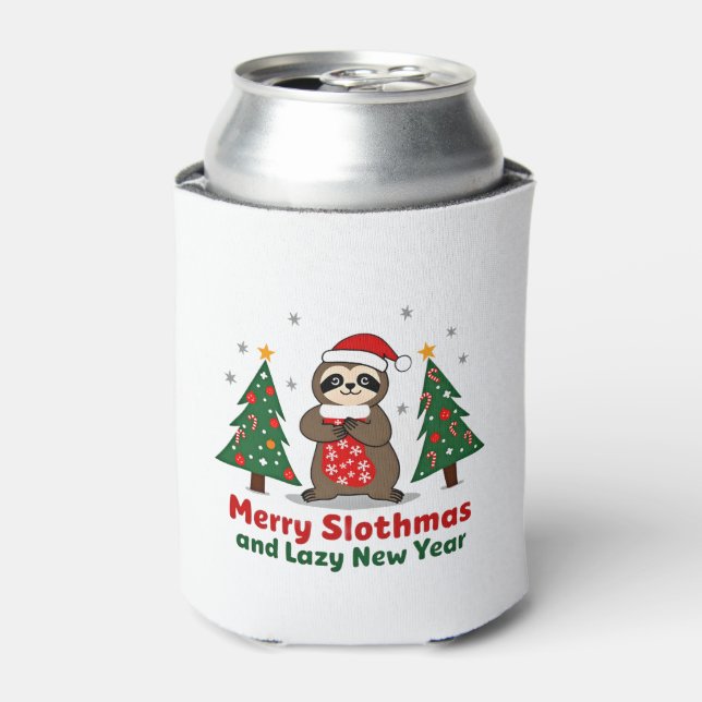 Funny Xmas Lights Stocking Santa Hat Sloth Christm Can Cooler (Can Front)