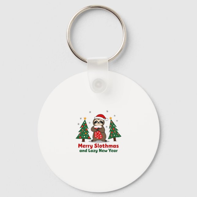 Funny Xmas Lights Stocking Santa Hat Sloth Christm Keychain (Front)