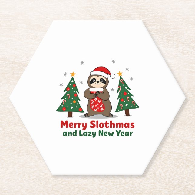 Funny Xmas Lights Stocking Santa Hat Sloth Christm Paper Coaster (Front)