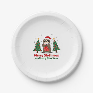 Funny Xmas Lights Stocking Santa Hat Sloth Christm Paper Plate