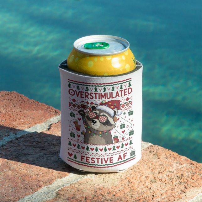 Funny Xmas Overstimulated & Festive Af Raccoon Can Cooler (In Situ Pool)