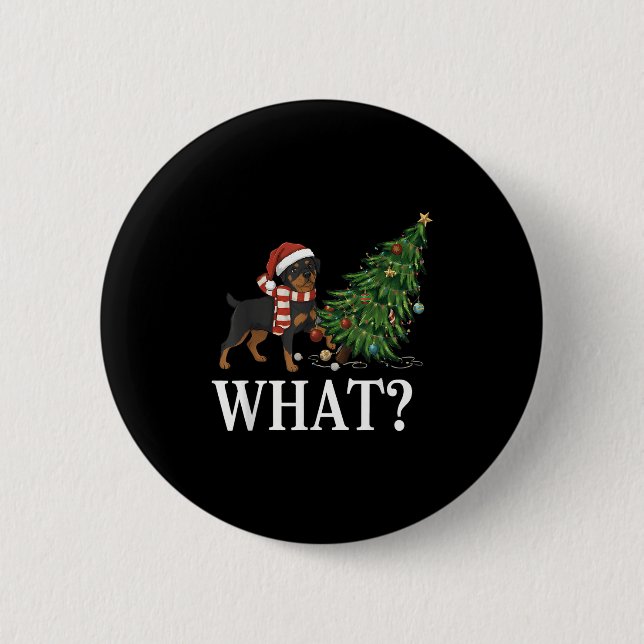 Funny Xmas Rottweiler Pushing Christmas Tree Over  2 Inch Round Button (Front)