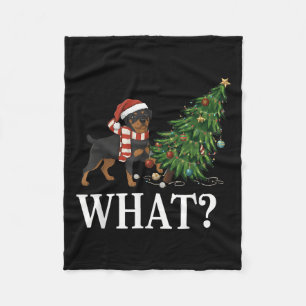 Funny Xmas Rottweiler Pushing Christmas Tree Over Fleece Blanket