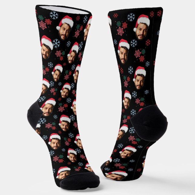 Funny Xmas Santa Face Photo & Snowflake Festive Socks (Angled)