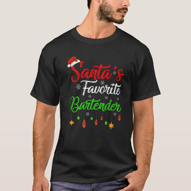 Funny Xmas Santa's Favourite Bartender Christmas T-Shirt (Front)