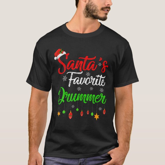 Funny Xmas Santa's Favourite Drummer Christmas T-Shirt (Front)