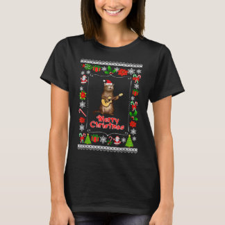 Funny xmas ugly cat lovers owners playing ukele T-Shirt
